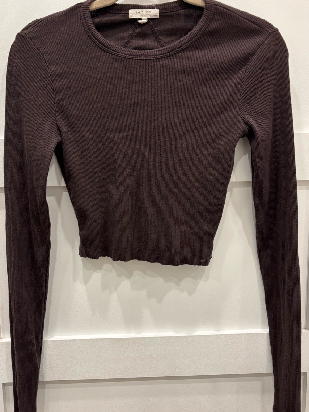 rag & bone Organic Cotton Brown Ribbed Long-Sleeve Crop Top